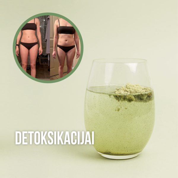 Stiklinė su Detox mišiniu ir Before After nuotrauka kampe