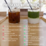 Matcha arbatos ir standartinės kavos puodeliai