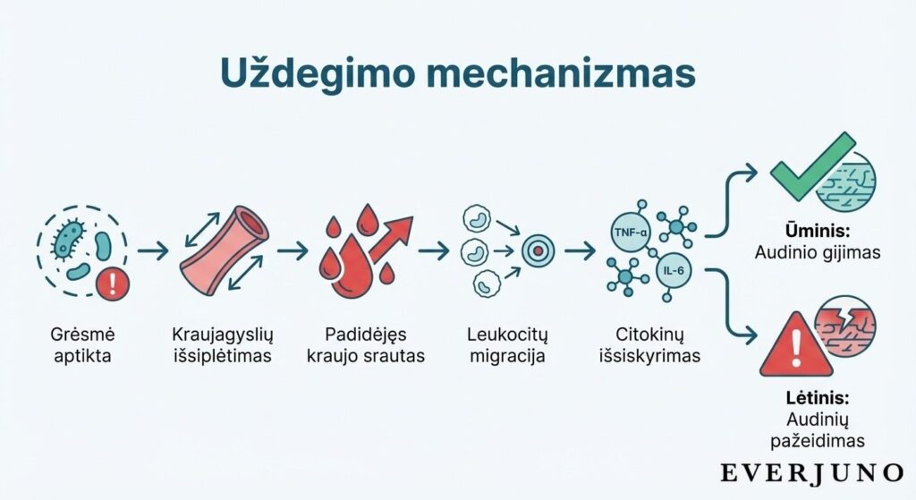 Uždegimo mechanizmas organizme: nuo grėsmės aptikimo iki leukocitų ir citokinų atsako proceso schema